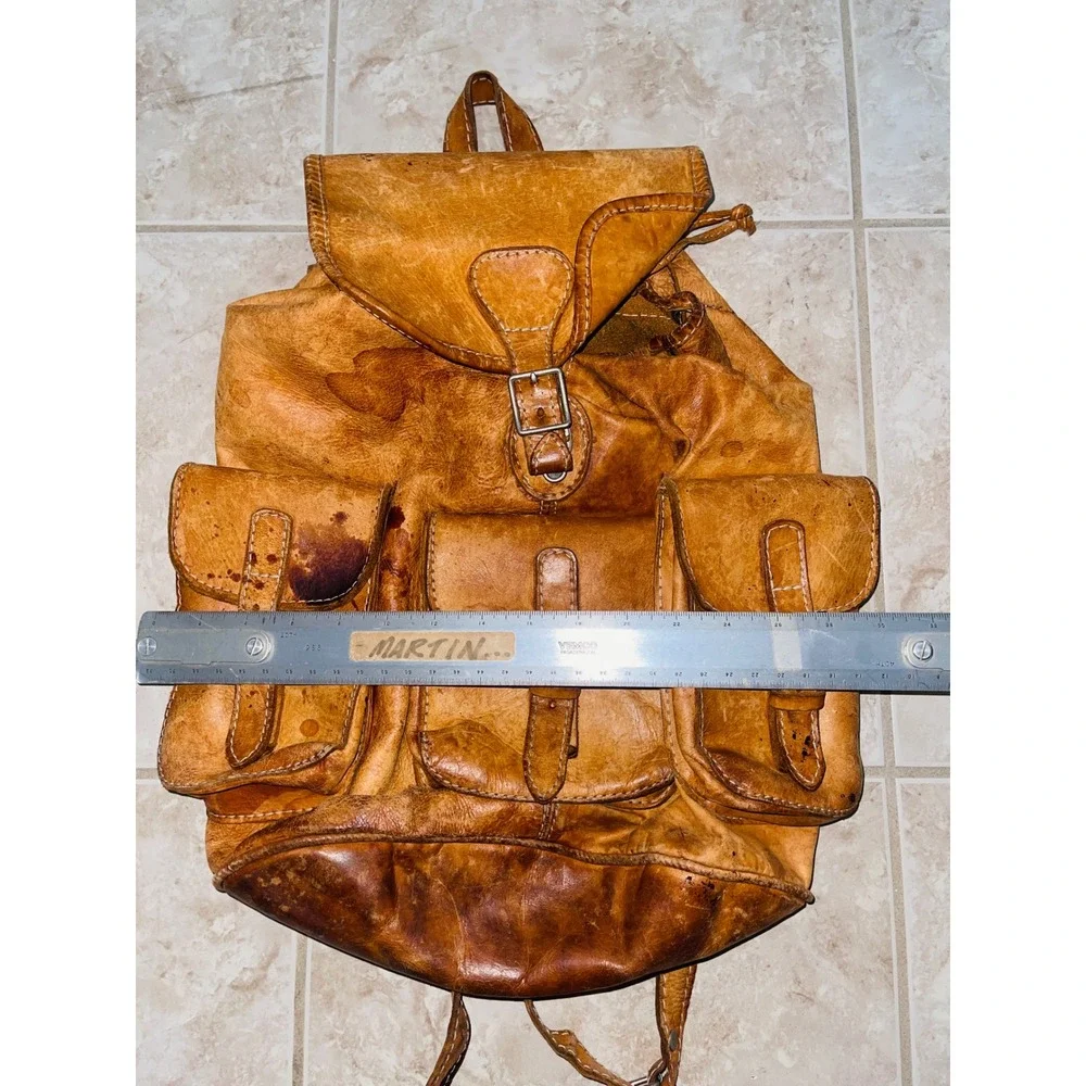 Vintage Distressed Leather Rucksack Backpack Boho Festival Utility Camel
